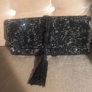 White House Black Market, Glitzy Black Clutch /Satin Tassel HOLIDAY CLUTCH BAG